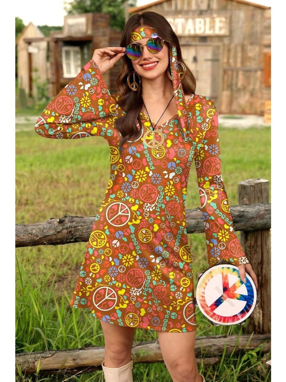 Women's Brown | Hippie 70s Hippie Halloween Costume Sunglasses Dress 5-Piece Set - Picture 5 of 6